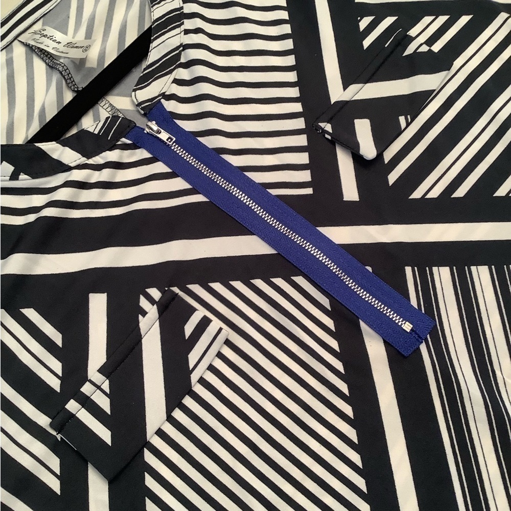 BLACK & WHITE STRIPE PRINT 3/4 BUTTON UP SLEEVE 2X DRESS - Picture 3 of 6
